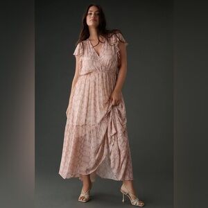 Anthropologie Plus Size 1X Sheer V-Neck Flutter Sleeve Midi Dress EUC